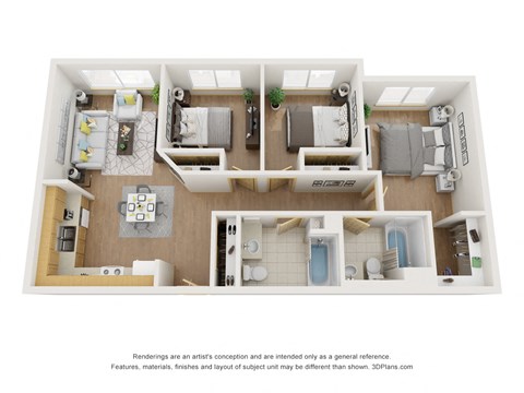 Floor plan for 3 beds, 2 baths, 1044 sqft